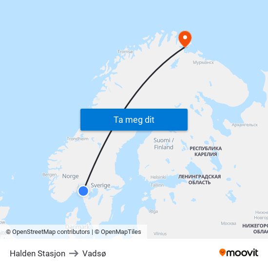 Halden Stasjon to Vadsø map