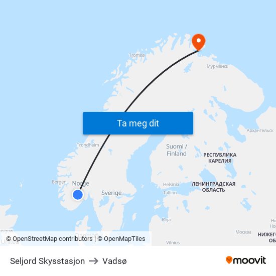 Seljord Skysstasjon to Vadsø map