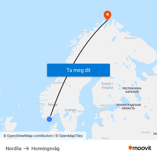 Nordlia to Honningsvåg map