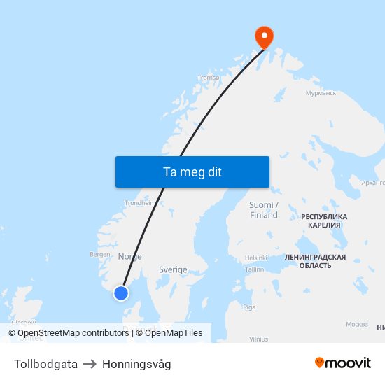 Tollbodgata to Honningsvåg map