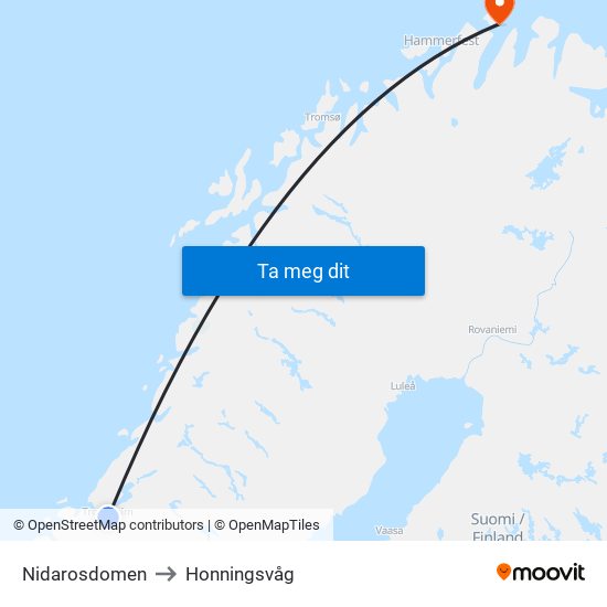 Nidarosdomen to Honningsvåg map