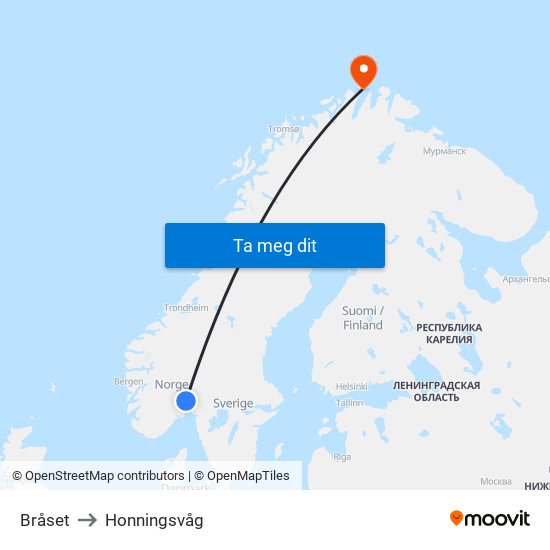 Bråset to Honningsvåg map