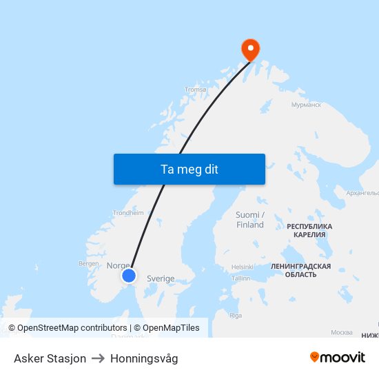 Asker Stasjon to Honningsvåg map
