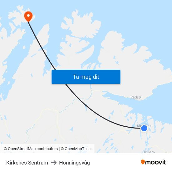 Kirkenes Sentrum to Honningsvåg map