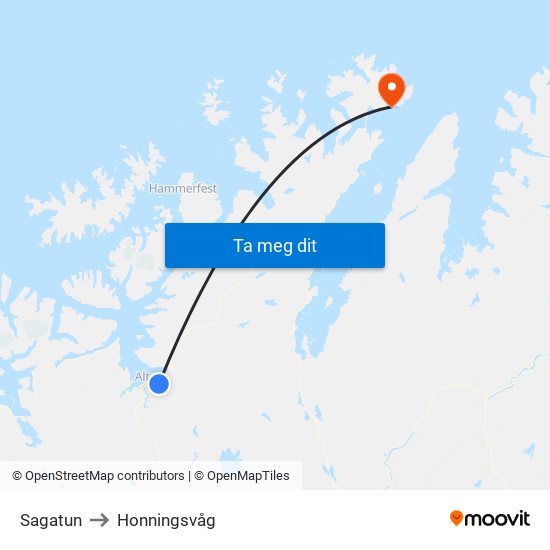 Sagatun to Honningsvåg map