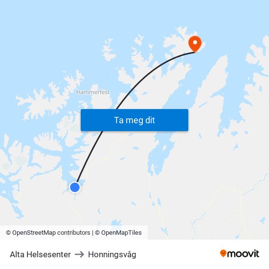 Alta Helsesenter to Honningsvåg map