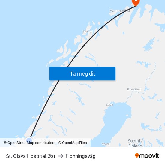St. Olavs Hospital Øst to Honningsvåg map