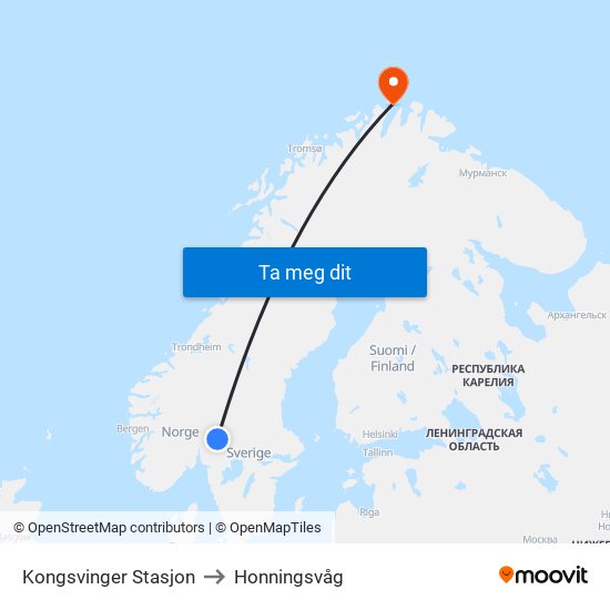 Kongsvinger Stasjon to Honningsvåg map