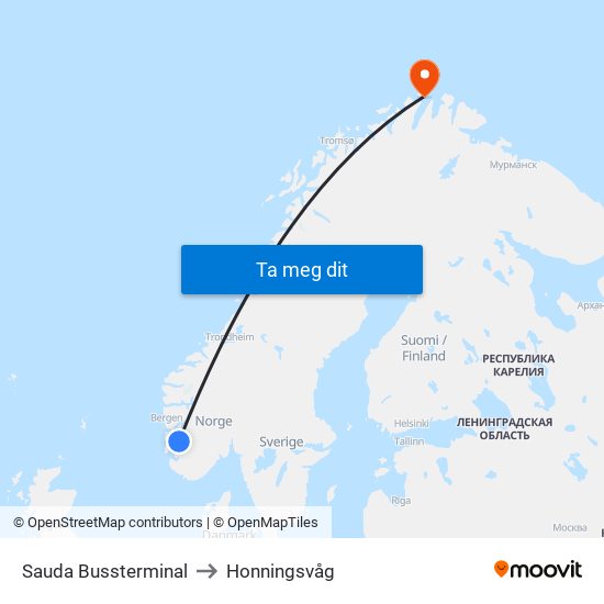 Sauda Bussterminal to Honningsvåg map