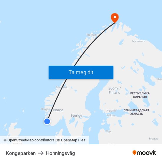 Kongeparken to Honningsvåg map