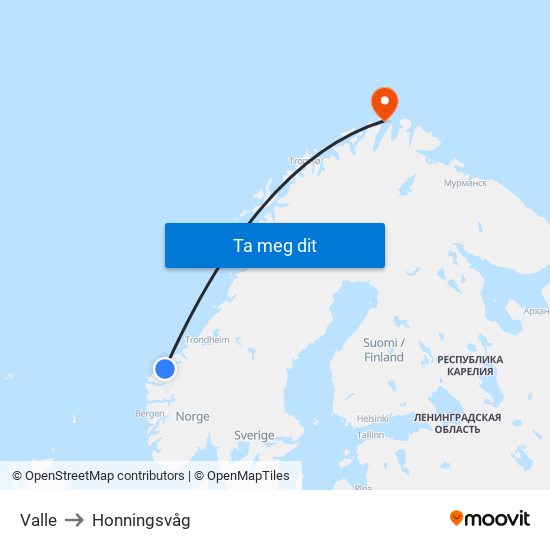 Valle to Honningsvåg map