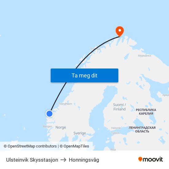 Ulsteinvik Skysstasjon to Honningsvåg map