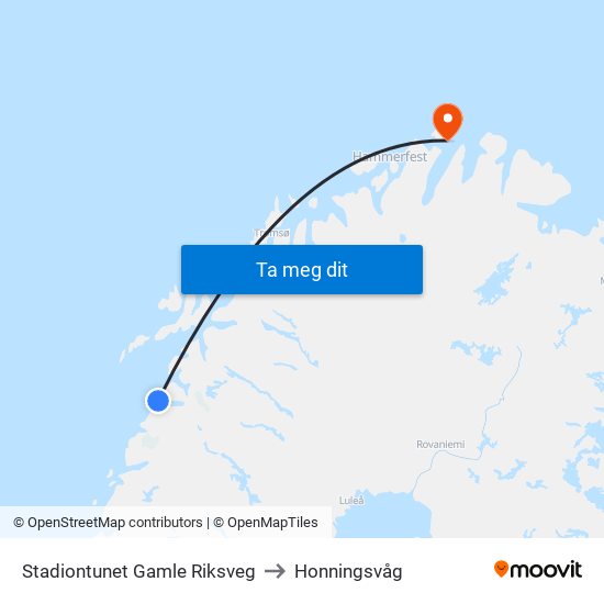 Stadiontunet Gamle Riksveg to Honningsvåg map