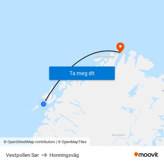 Vestpollen Sør to Honningsvåg map