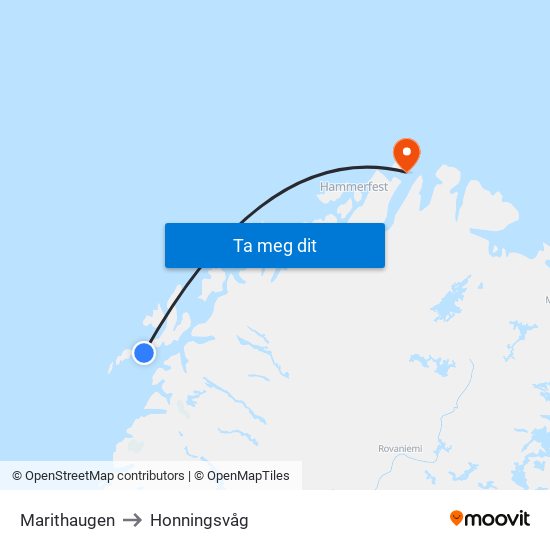 Marithaugen to Honningsvåg map