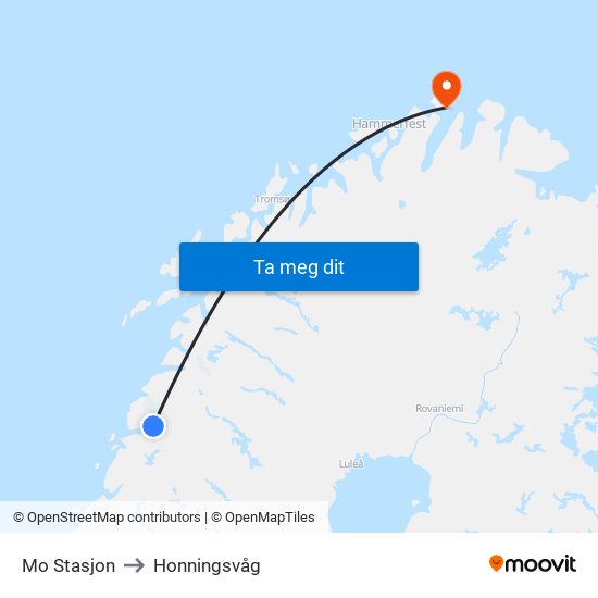 Mo Stasjon to Honningsvåg map