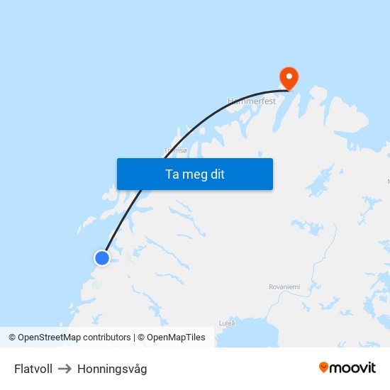 Flatvoll to Honningsvåg map
