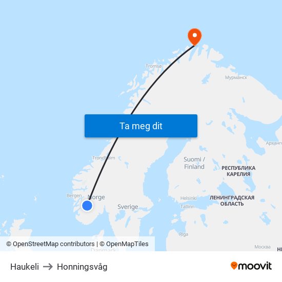 Haukeli to Honningsvåg map