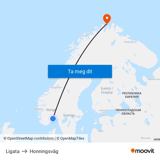 Ligata to Honningsvåg map