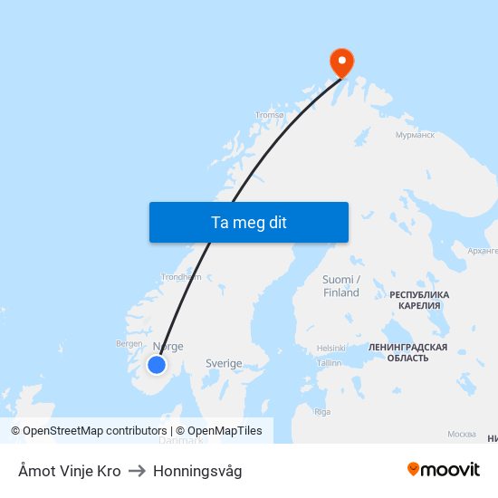 Åmot Vinje Kro to Honningsvåg map