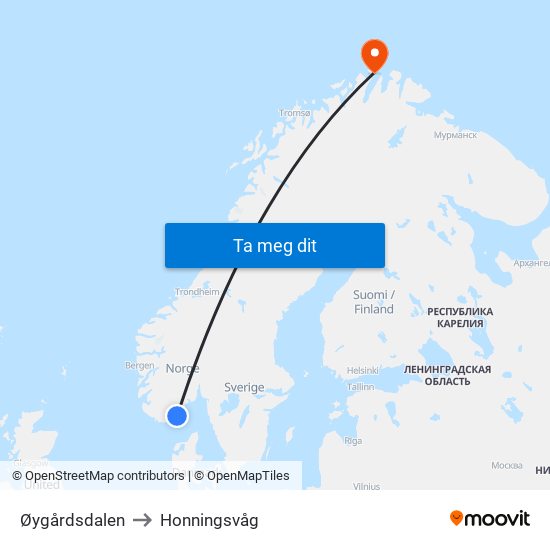 Øygårdsdalen to Honningsvåg map