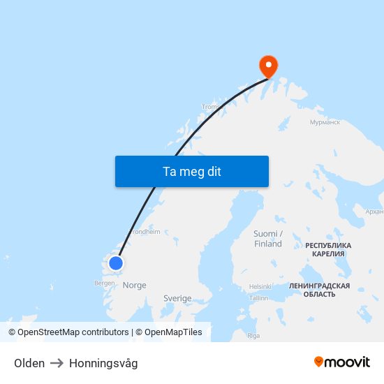 Olden to Honningsvåg map