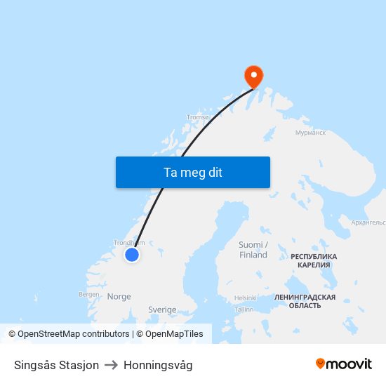 Singsås Stasjon to Honningsvåg map