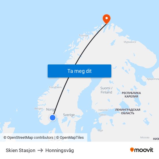 Skien Stasjon to Honningsvåg map