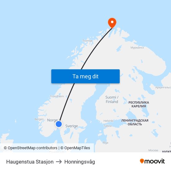 Haugenstua Stasjon to Honningsvåg map