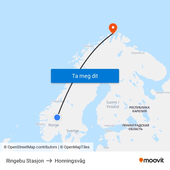 Ringebu Stasjon to Honningsvåg map