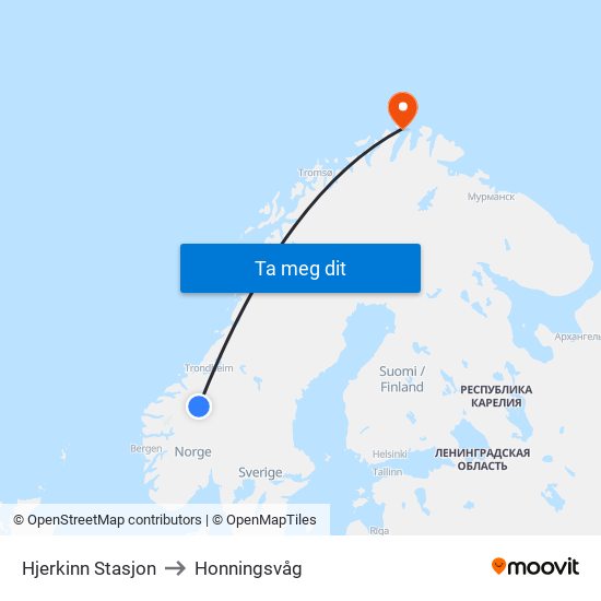 Hjerkinn Stasjon to Honningsvåg map