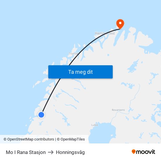 Mo I Rana Stasjon to Honningsvåg map