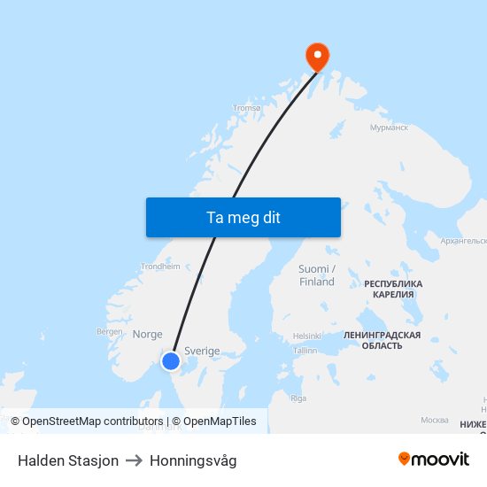 Halden Stasjon to Honningsvåg map