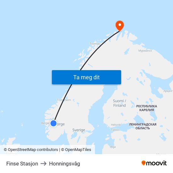 Finse Stasjon to Honningsvåg map