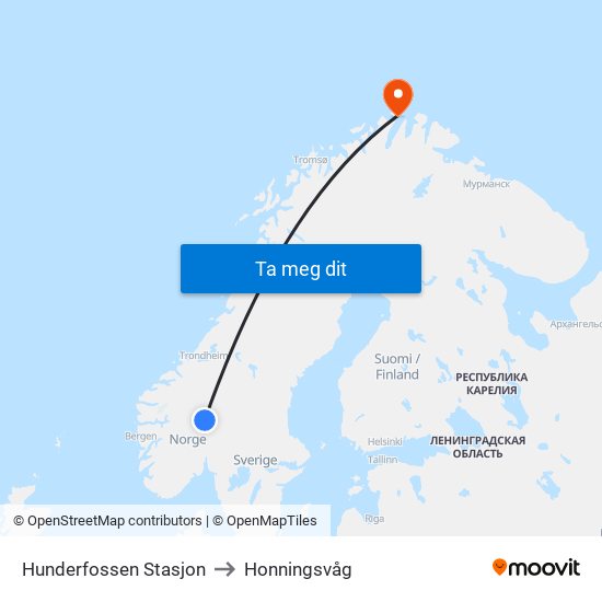 Hunderfossen Stasjon to Honningsvåg map