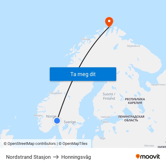 Nordstrand Stasjon to Honningsvåg map