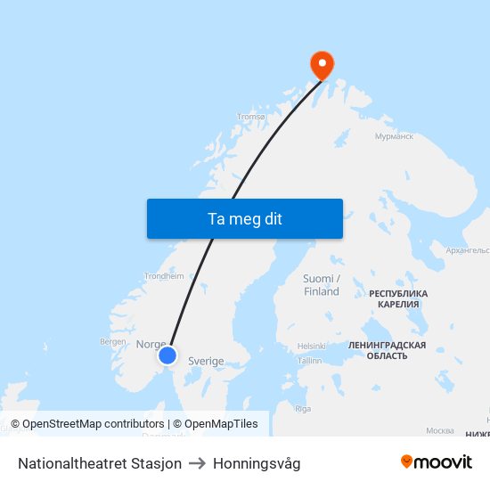 Nationaltheatret Stasjon to Honningsvåg map