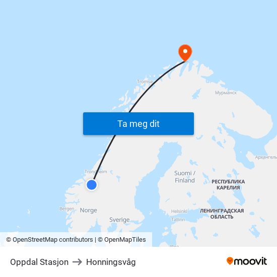 Oppdal Stasjon to Honningsvåg map