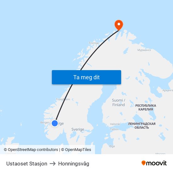 Ustaoset Stasjon to Honningsvåg map