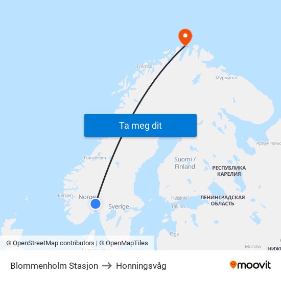 Blommenholm Stasjon to Honningsvåg map