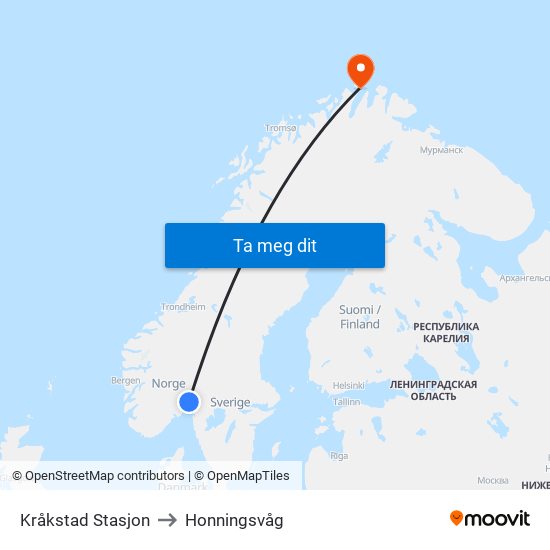 Kråkstad Stasjon to Honningsvåg map
