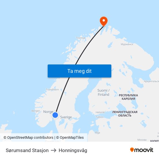 Sørumsand Stasjon to Honningsvåg map