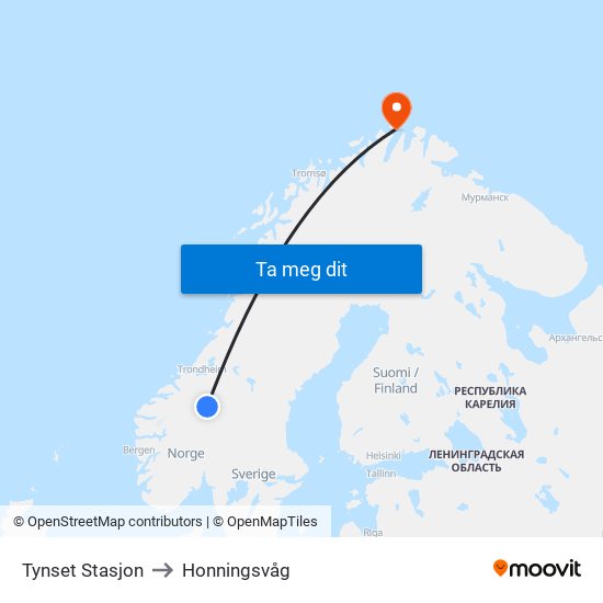 Tynset Stasjon to Honningsvåg map