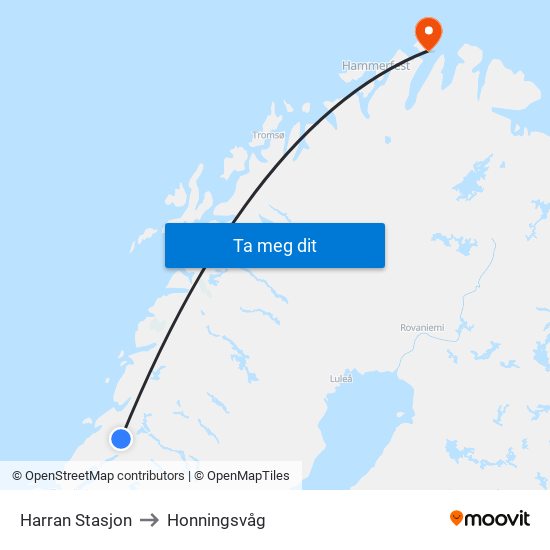 Harran Stasjon to Honningsvåg map