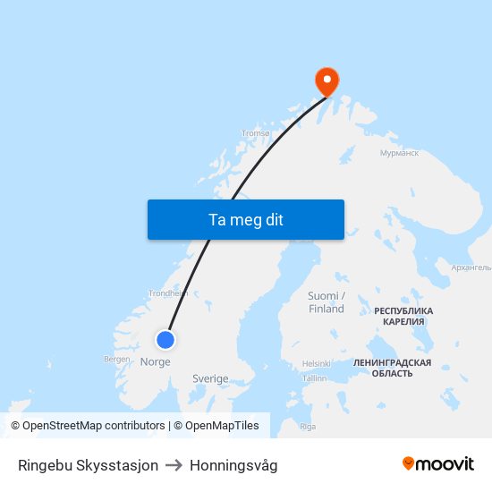 Ringebu Skysstasjon to Honningsvåg map