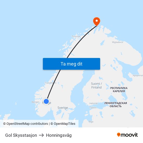Gol Skysstasjon to Honningsvåg map