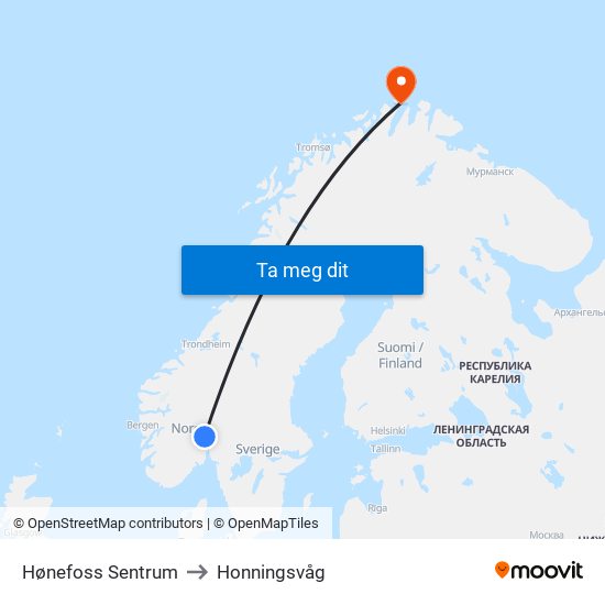 Hønefoss Sentrum to Honningsvåg map