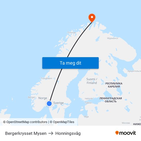 Bergerkrysset Mysen to Honningsvåg map