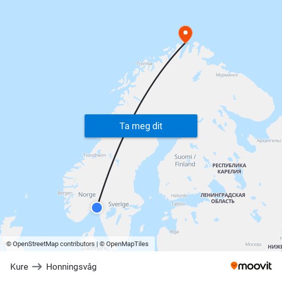 Kure to Honningsvåg map