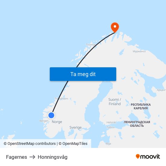 Fagernes to Honningsvåg map